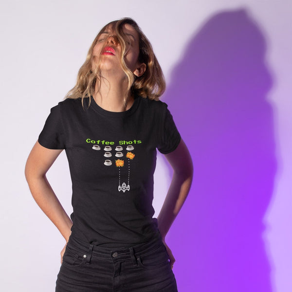Coffee Shots T-Shirt – Funny Retro Space Invaders Coffee Lover Gamer Tee with Pixel Arcade Style